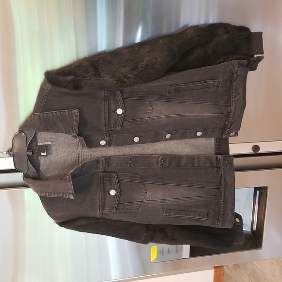 💕LOVE TOKEN💕 Murray Genuine Real Rabbit Fur Sleeve Denim Jacket Coat ~ Black M - Picture 7 of 16